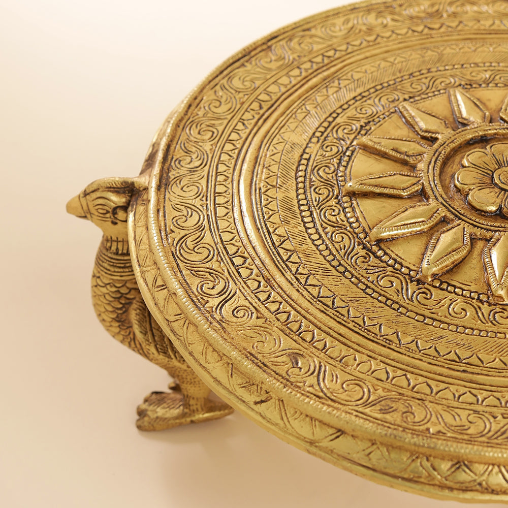 Brass Superfine Chowki With Peacock Pillars (5 Inch) Vedansh Craft