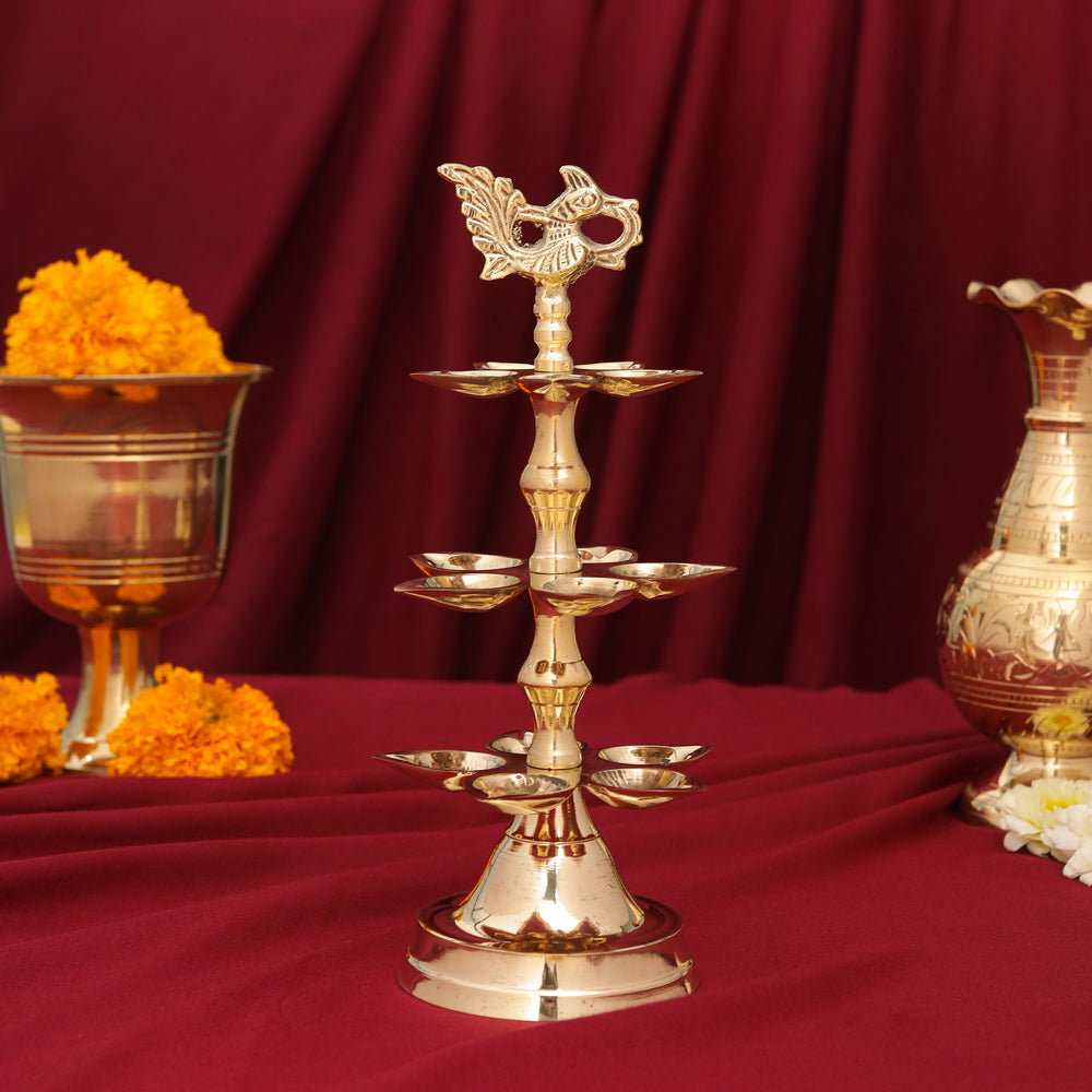 Brass Peacock Three Tier Lamp (9.5 Inch) Vedansh Craft