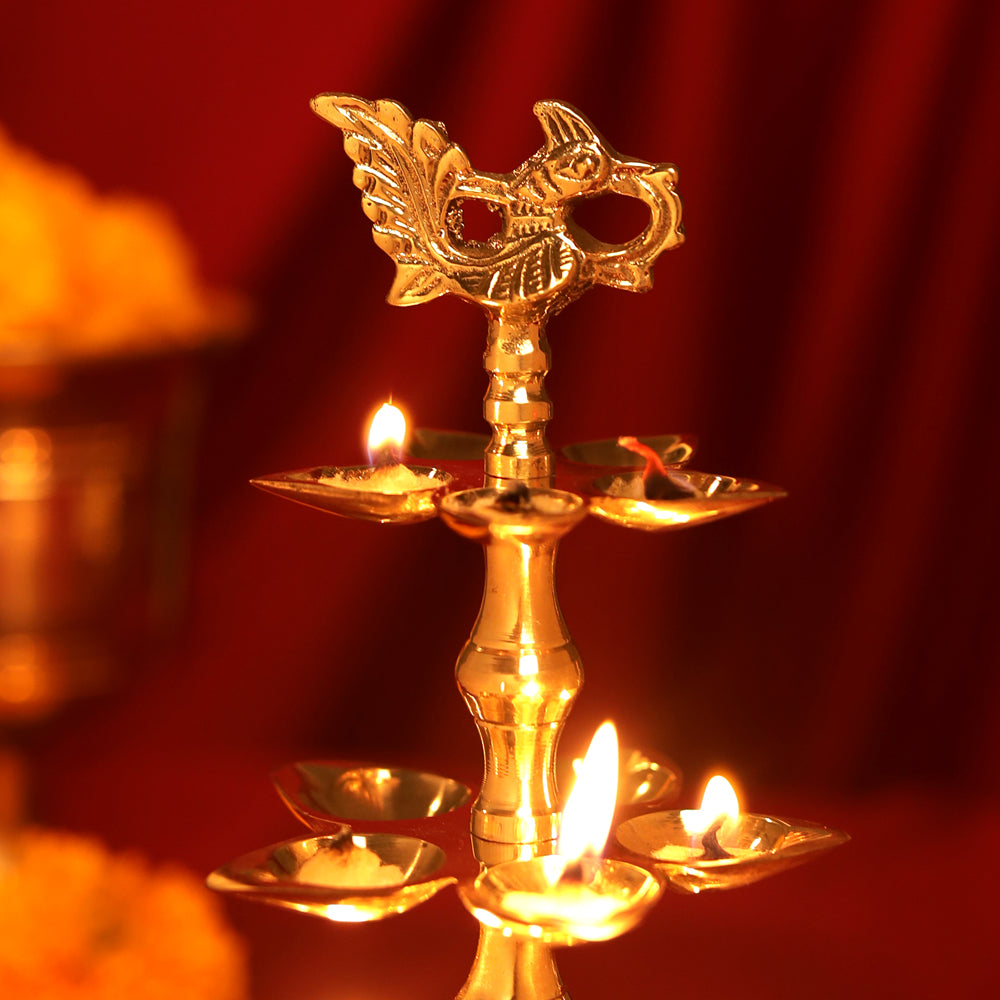 Brass Peacock Three Tier Lamp (9.5 Inch) Vedansh Craft