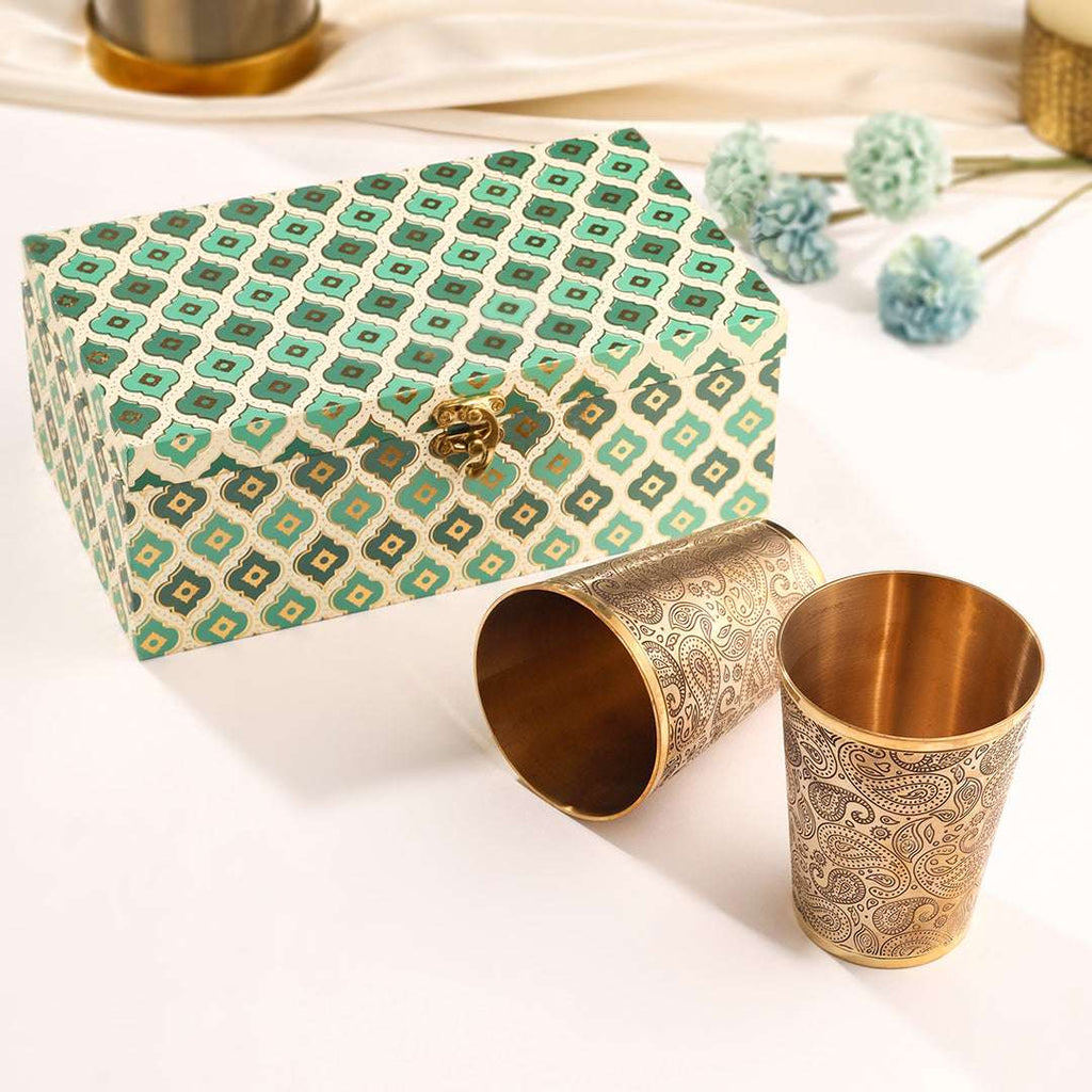 Brass Handcarved Glass Pair House Warming Box Hamper Vedansh Craft