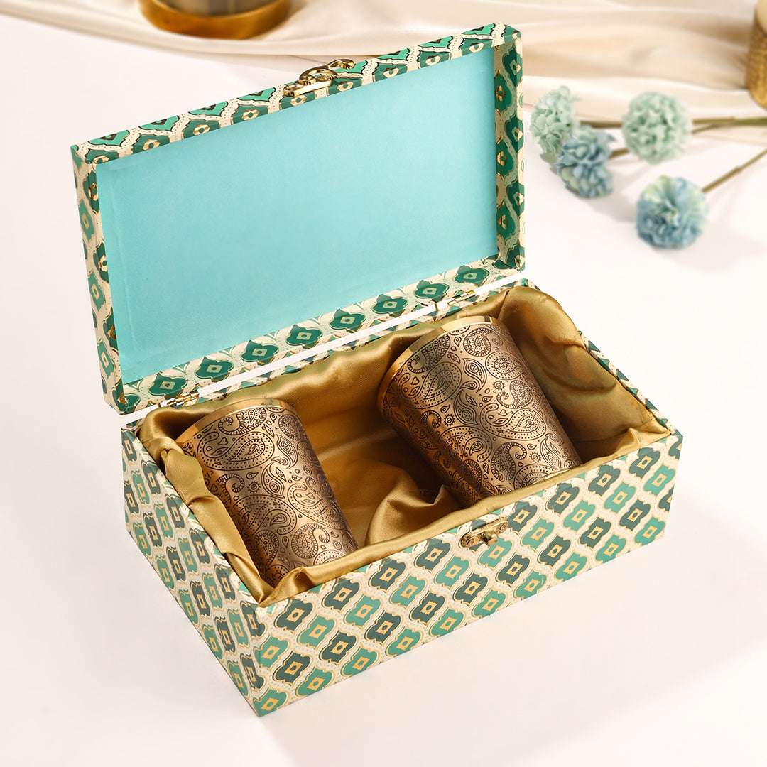 Brass Handcarved Glass Pair House Warming Box Hamper Vedansh Craft