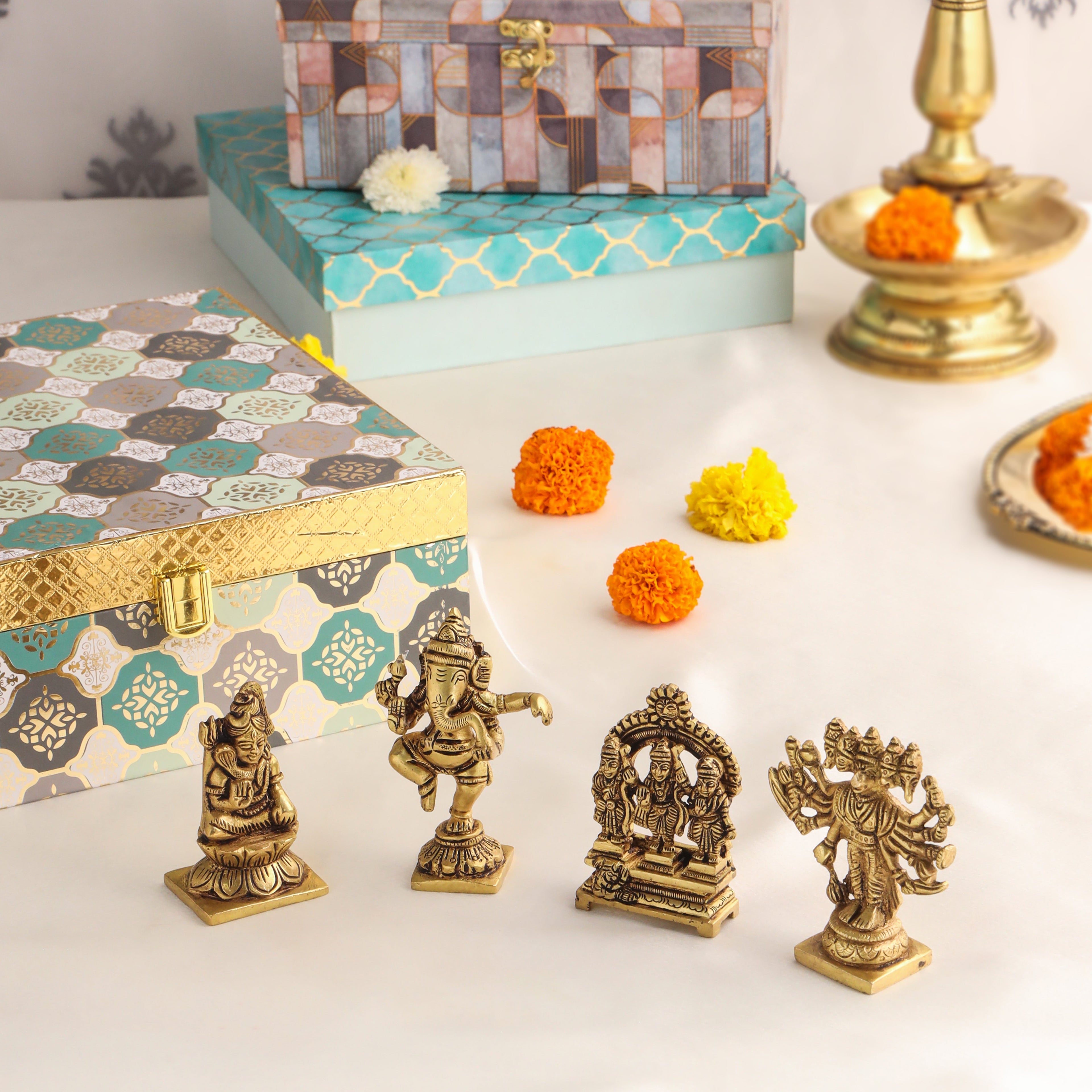 Brass Ganesha , Ram Darbar, Shiva & Hanuman Idol House Warming Gift Hamper Vedansh Craft