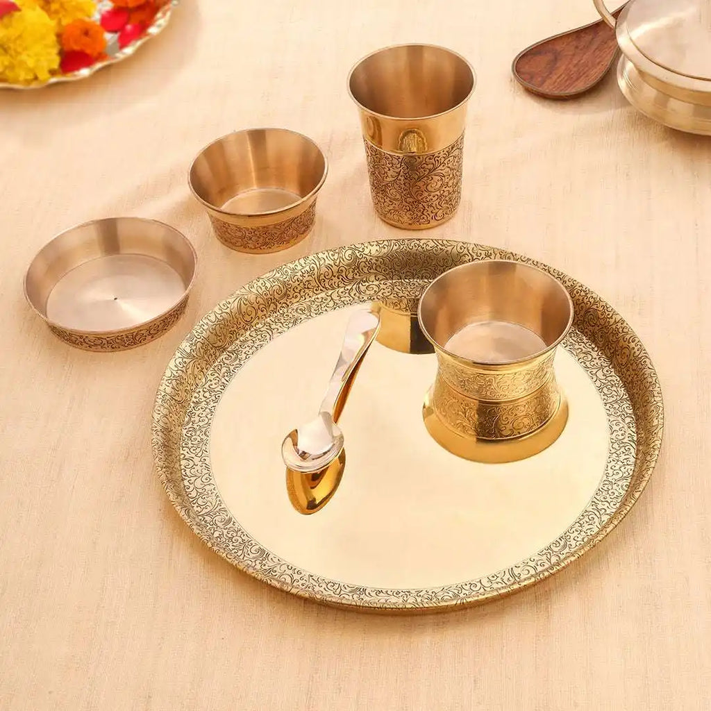 Brass Handcarved Thali/Dinner Set (1.4 Kg) Vedansh Craft