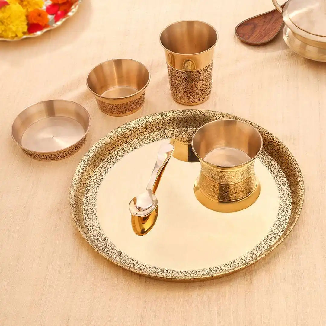 Brass Handcarved Thali/Dinner Set (1.4 Kg) Vedansh Craft