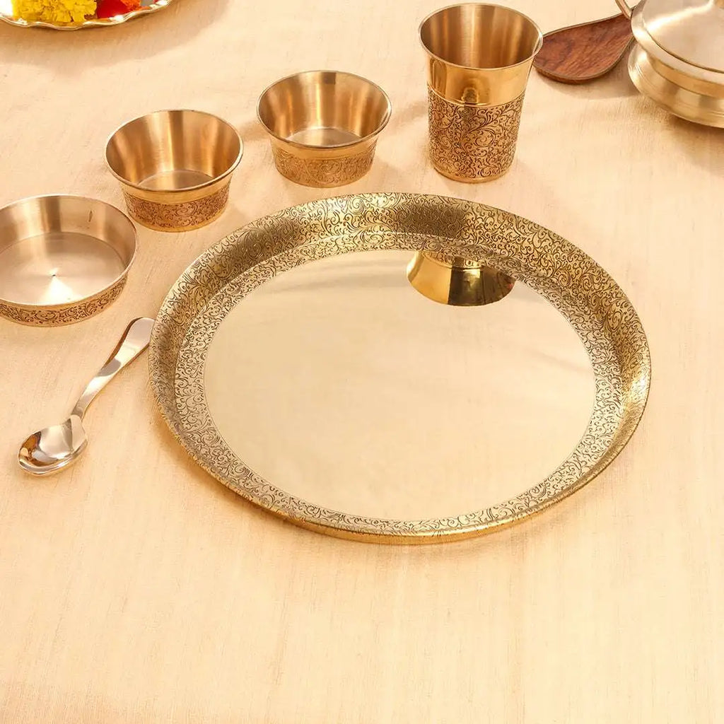 Brass Handcarved Thali/Dinner Set (1.4 Kg) Vedansh Craft