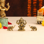 Brass Right Trunk Sitting Ganesha Idol With Elephants Combo Vedansh Craft