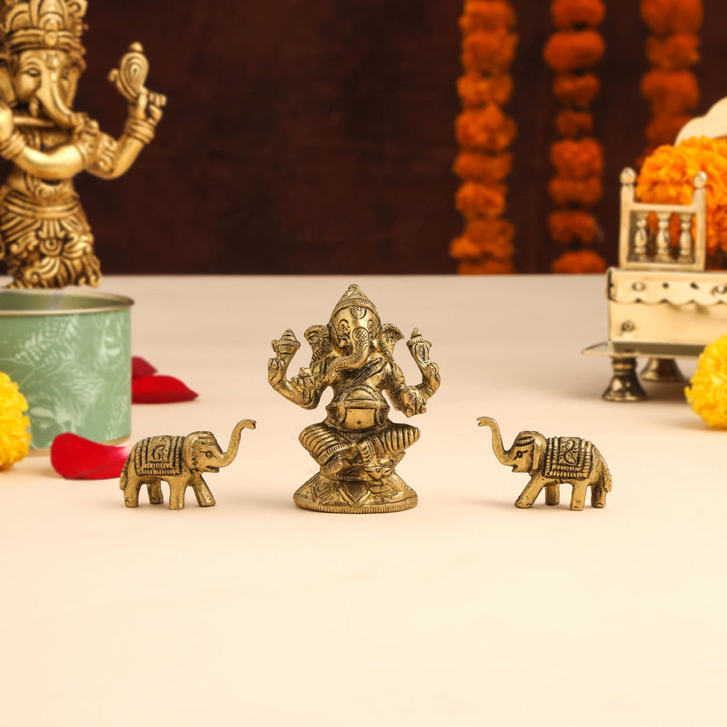 Brass Right Trunk Sitting Ganesha Idol With Elephants Combo Vedansh Craft