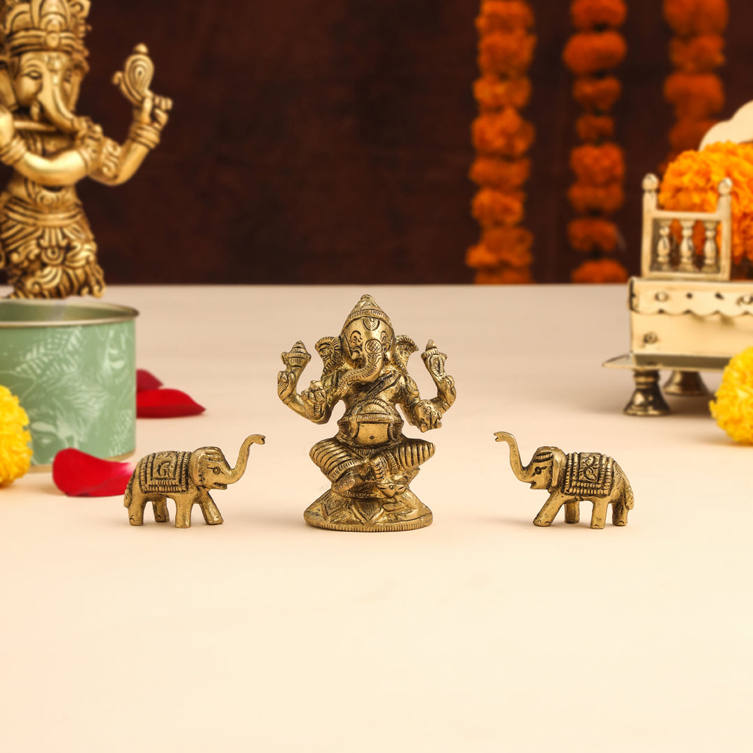 Brass Right Trunk Sitting Ganesha Idol With Elephants Combo Vedansh Craft