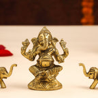 Brass Right Trunk Sitting Ganesha Idol With Elephants Combo Vedansh Craft