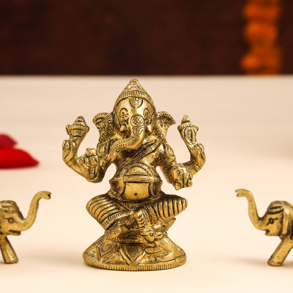 Brass Right Trunk Sitting Ganesha Idol With Elephants Combo Vedansh Craft