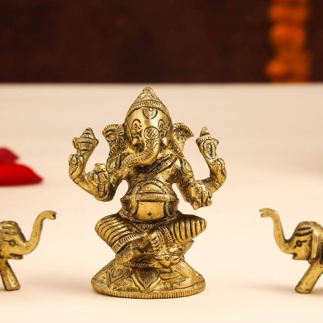 Brass Right Trunk Sitting Ganesha Idol With Elephants Combo Vedansh Craft