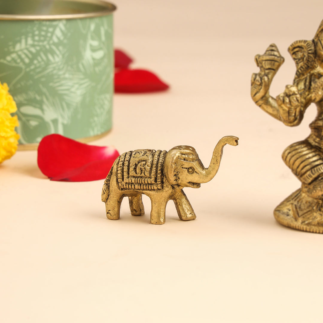 Brass Right Trunk Sitting Ganesha Idol With Elephants Combo Vedansh Craft
