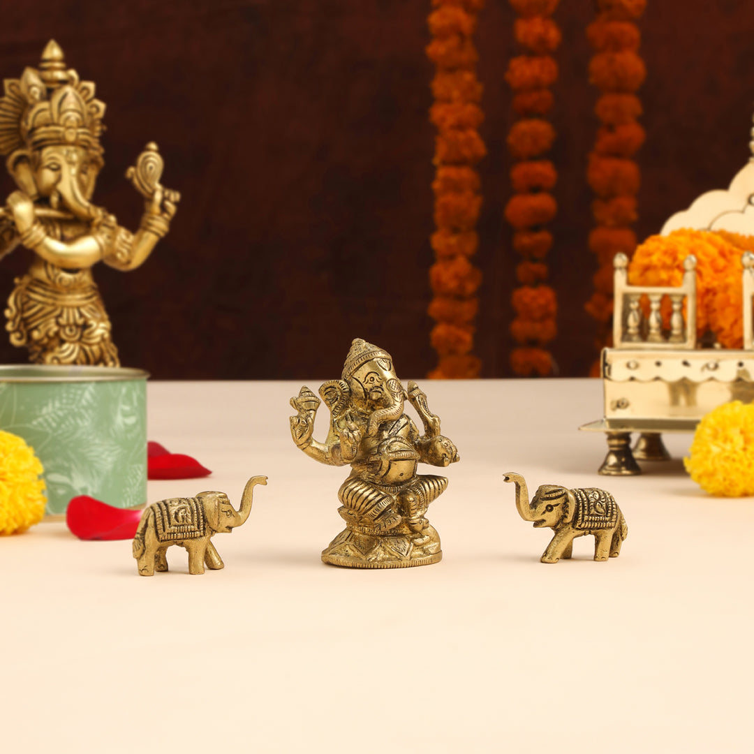Brass Right Trunk Sitting Ganesha Idol With Elephants Combo Vedansh Craft