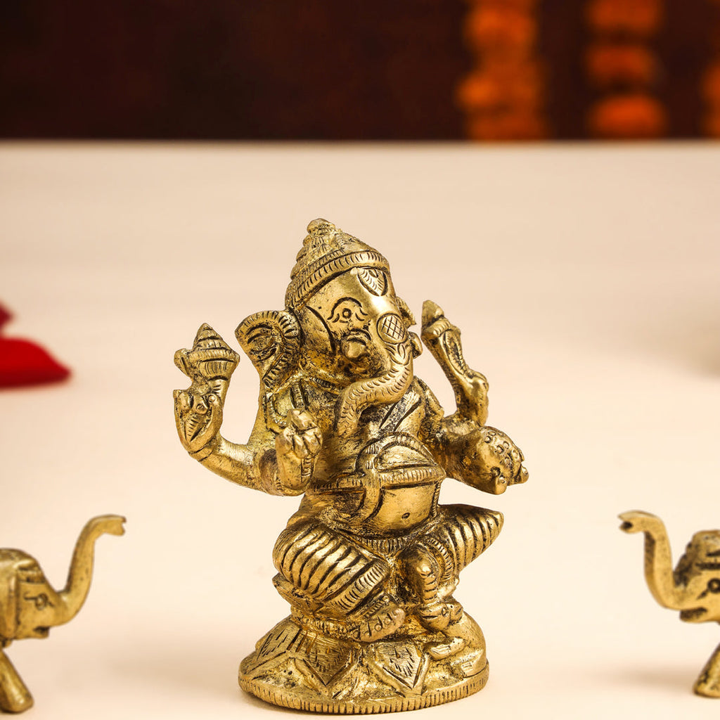 Brass Right Trunk Sitting Ganesha Idol With Elephants Combo Vedansh Craft