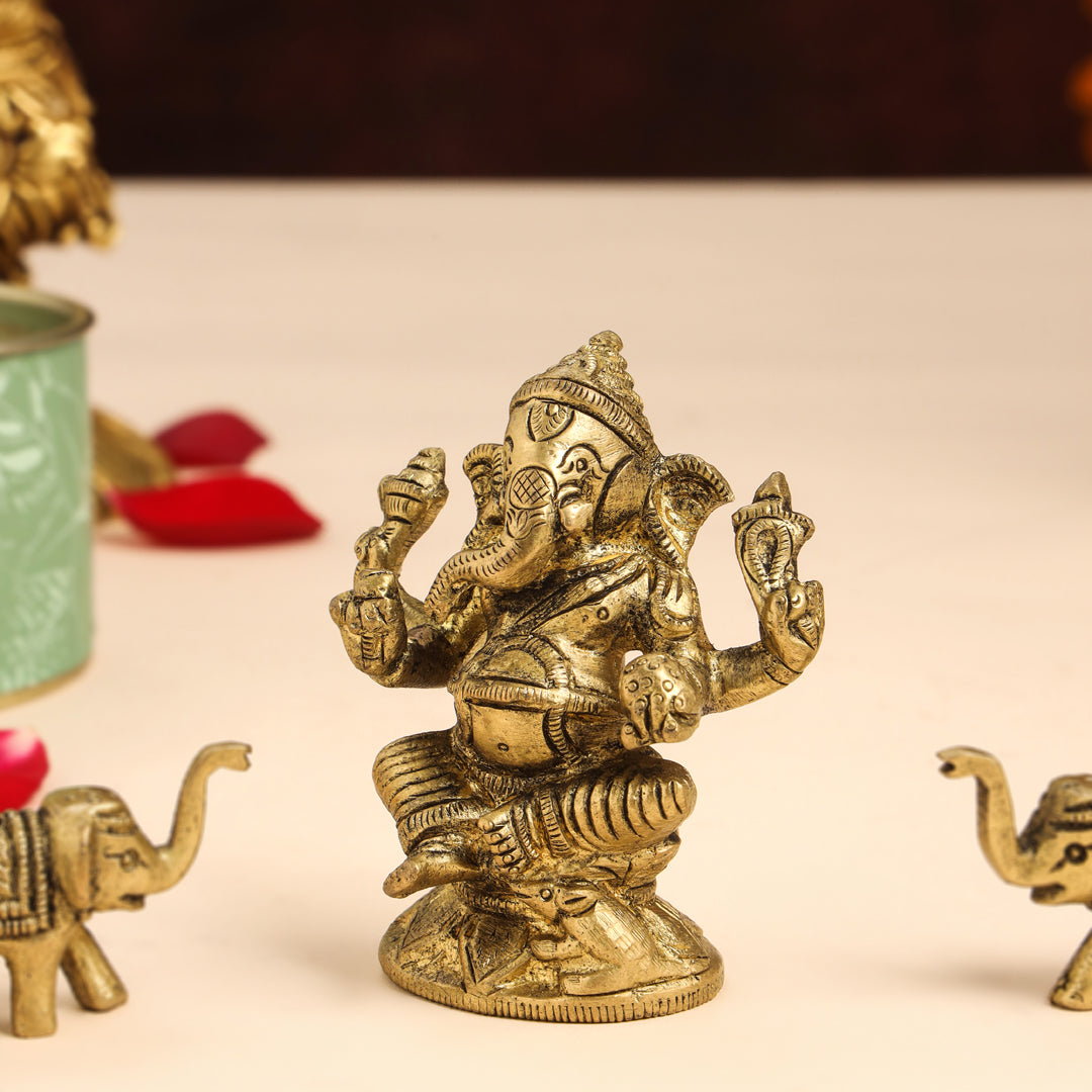 Brass Right Trunk Sitting Ganesha Idol With Elephants Combo Vedansh Craft