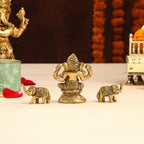 Brass Right Trunk Sitting Ganesha Idol With Elephants Combo Vedansh Craft