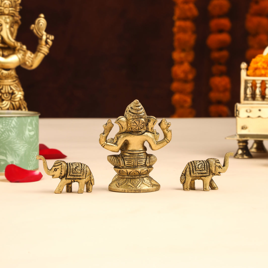 Brass Right Trunk Sitting Ganesha Idol With Elephants Combo Vedansh Craft