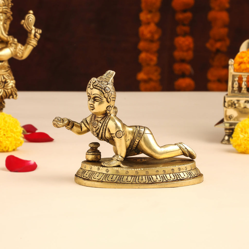 Brass Laddu Gopal With Base Idol (4 Inch) Vedansh Craft