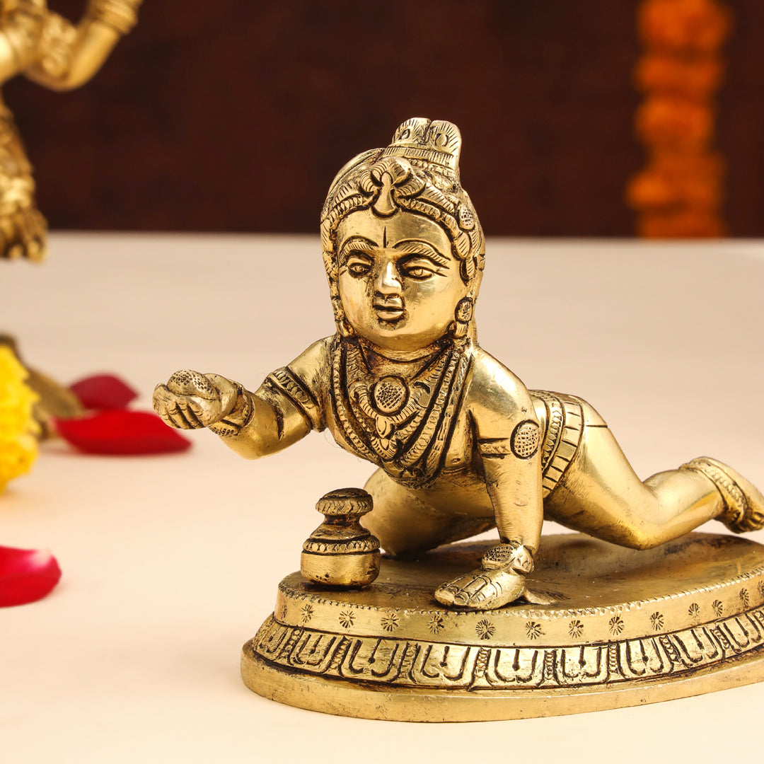 Brass Laddu Gopal With Base Idol (4 Inch) Vedansh Craft