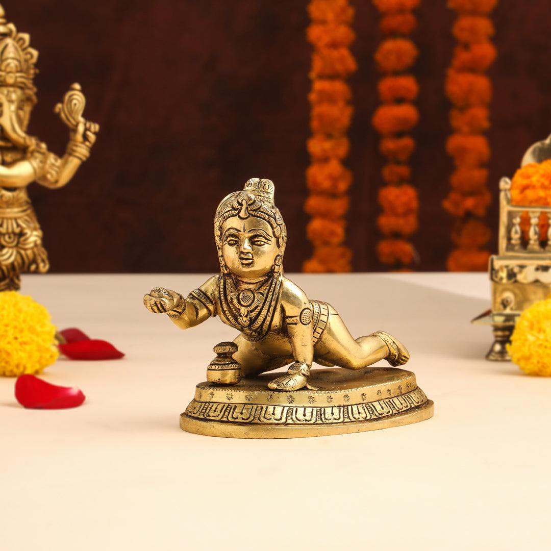 Brass Laddu Gopal With Base Idol (4 Inch) Vedansh Craft