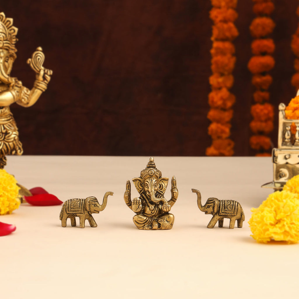 Brass Sitting Ganesha Idol With Elephants Combo Vedansh Craft