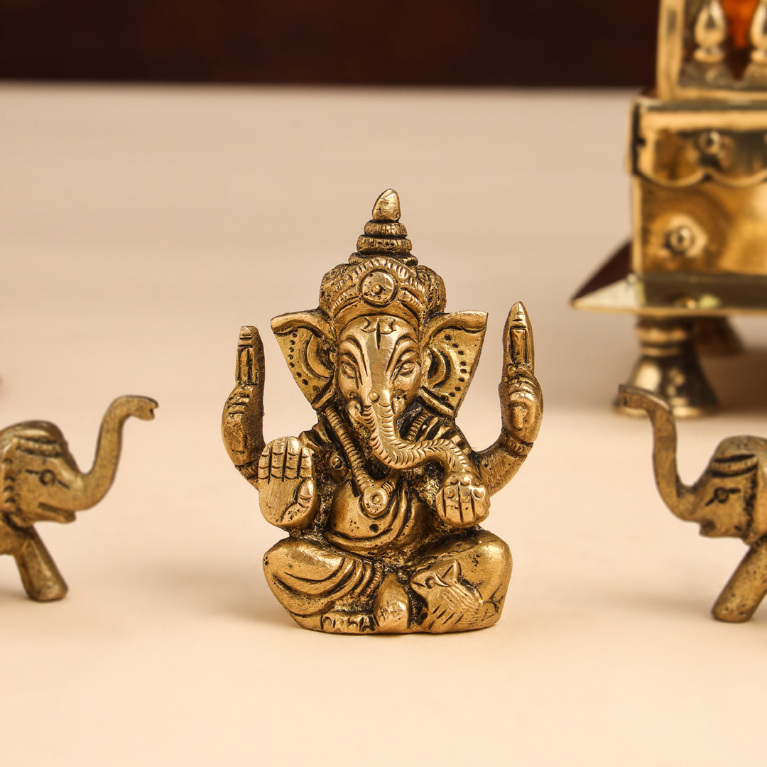 Brass Sitting Ganesha Idol With Elephants Combo Vedansh Craft