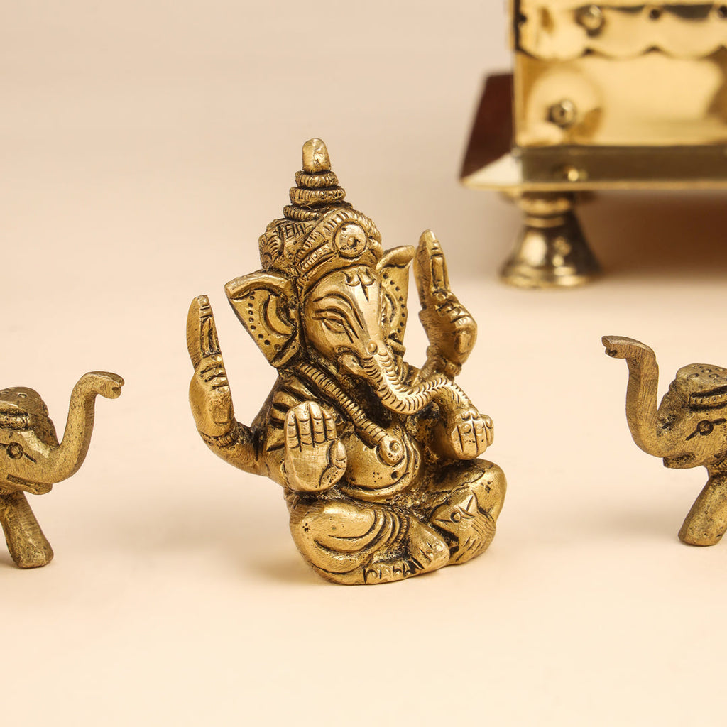 Brass Sitting Ganesha Idol With Elephants Combo Vedansh Craft