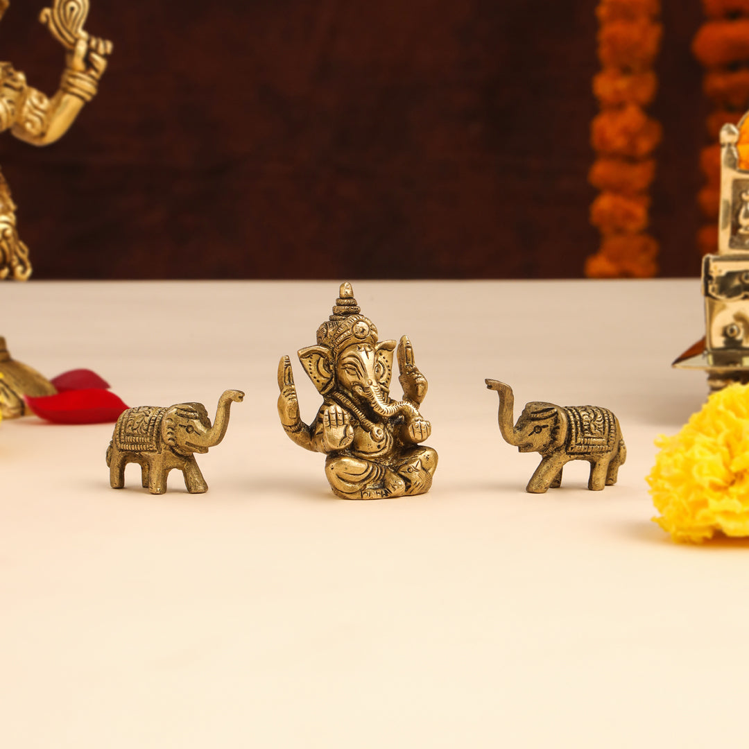 Brass Sitting Ganesha Idol With Elephants Combo Vedansh Craft