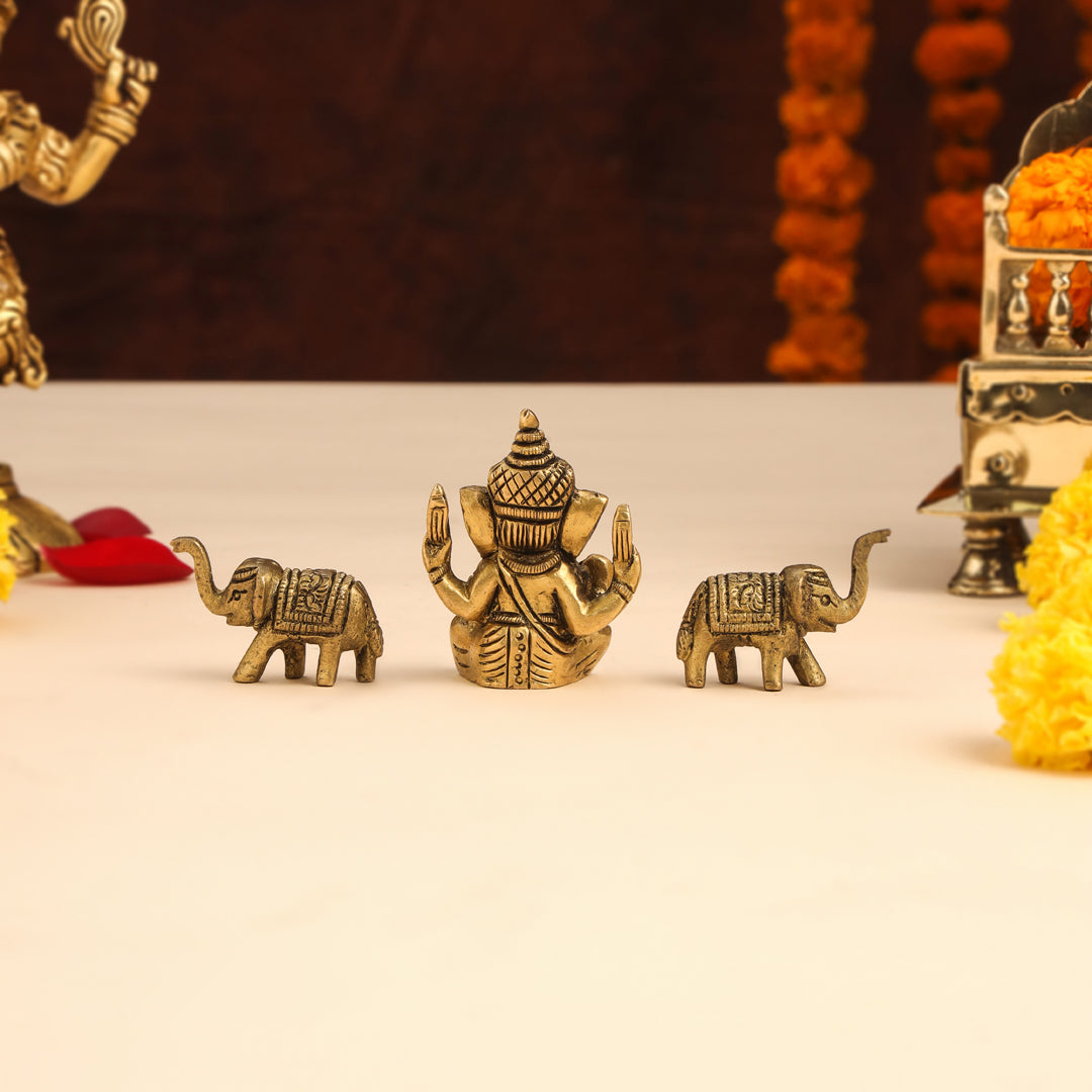 Brass Sitting Ganesha Idol With Elephants Combo Vedansh Craft