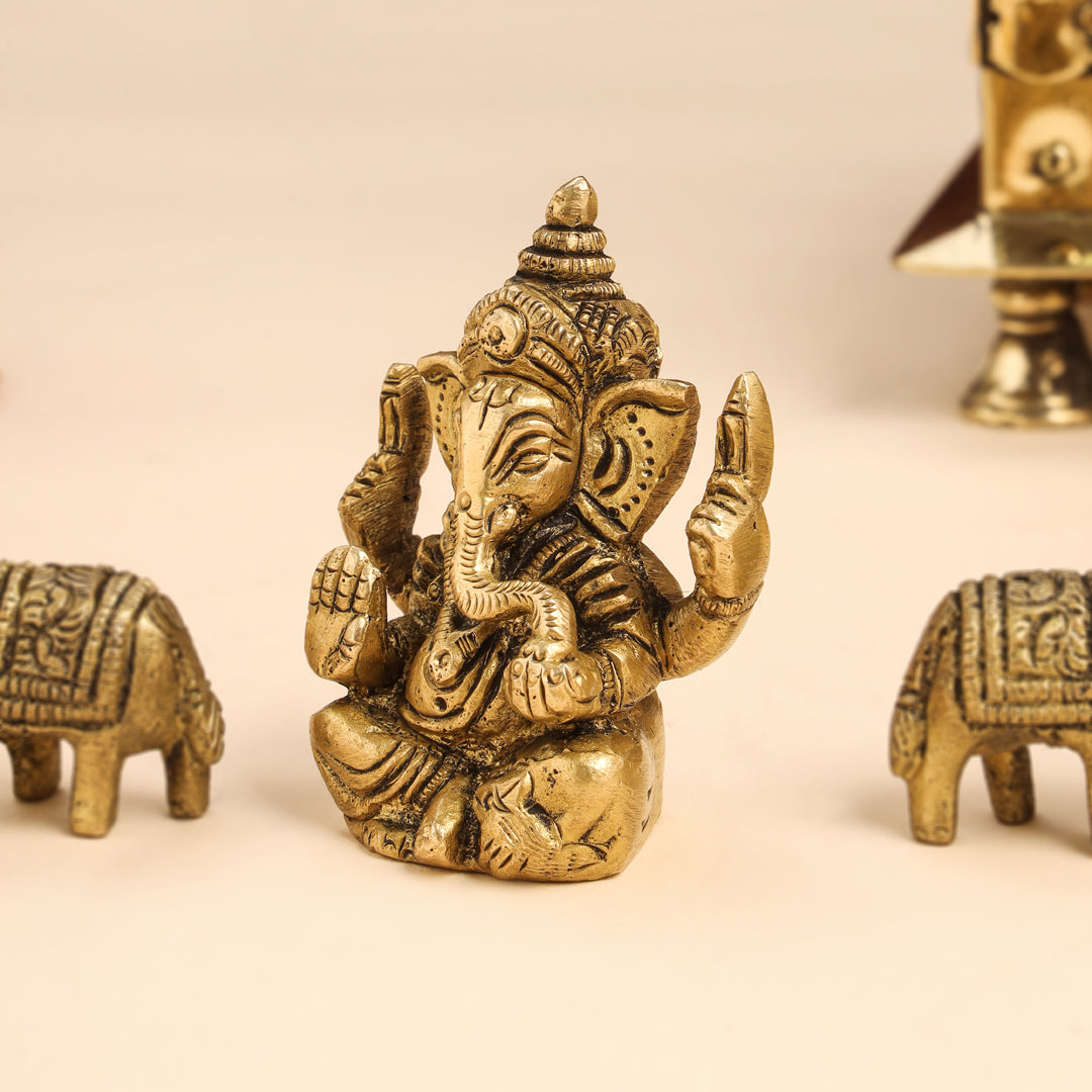 Brass Sitting Ganesha Idol With Elephants Combo Vedansh Craft