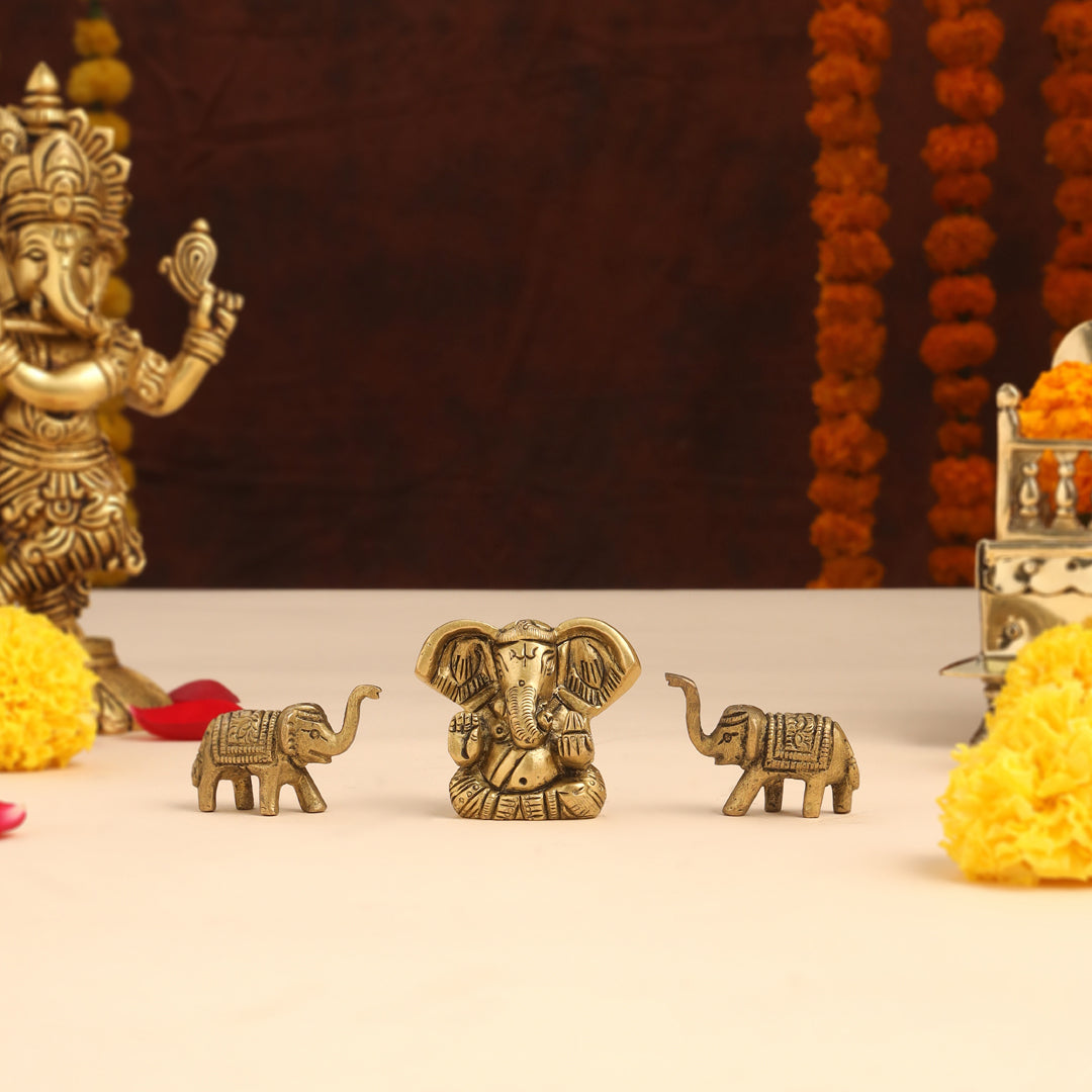 Brass Sitting Ganesha Idol With Elephants Combo Vedansh Craft