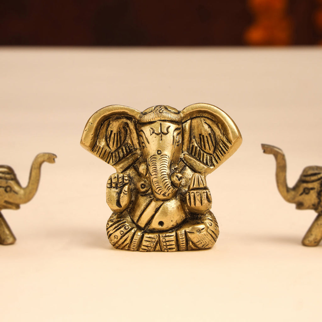 Brass Sitting Ganesha Idol With Elephants Combo Vedansh Craft
