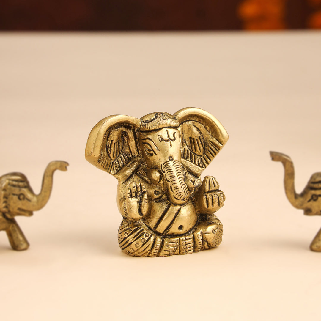 Brass Sitting Ganesha Idol With Elephants Combo Vedansh Craft
