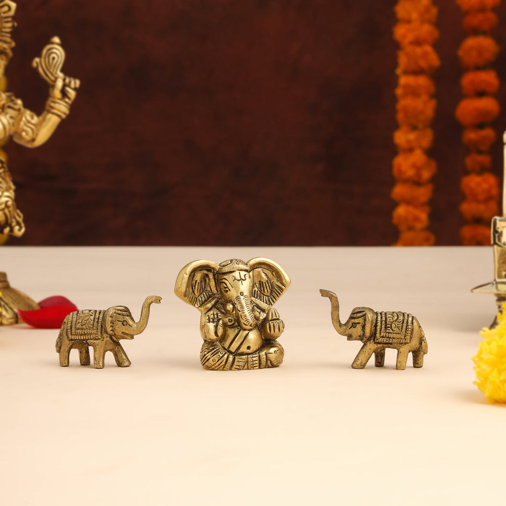Brass Sitting Ganesha Idol With Elephants Combo Vedansh Craft