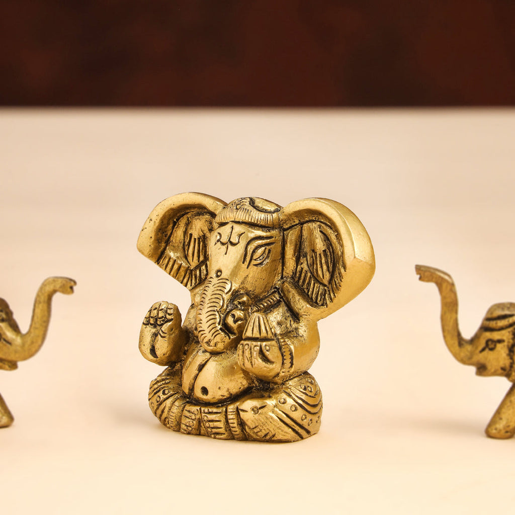 Brass Sitting Ganesha Idol With Elephants Combo Vedansh Craft