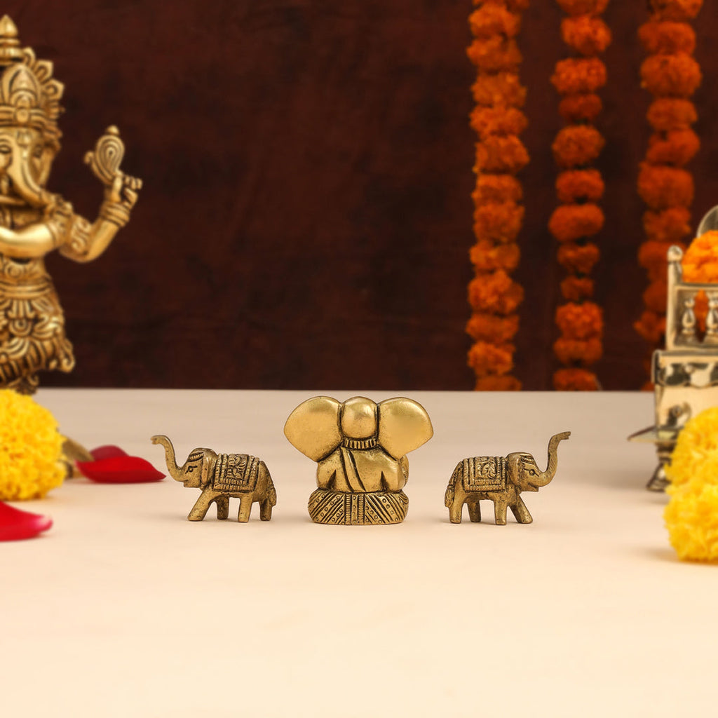 Brass Sitting Ganesha Idol With Elephants Combo Vedansh Craft