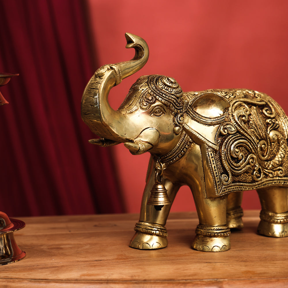 Brass Handcarved Elephant Statue (10 Inch) Vedansh Craft