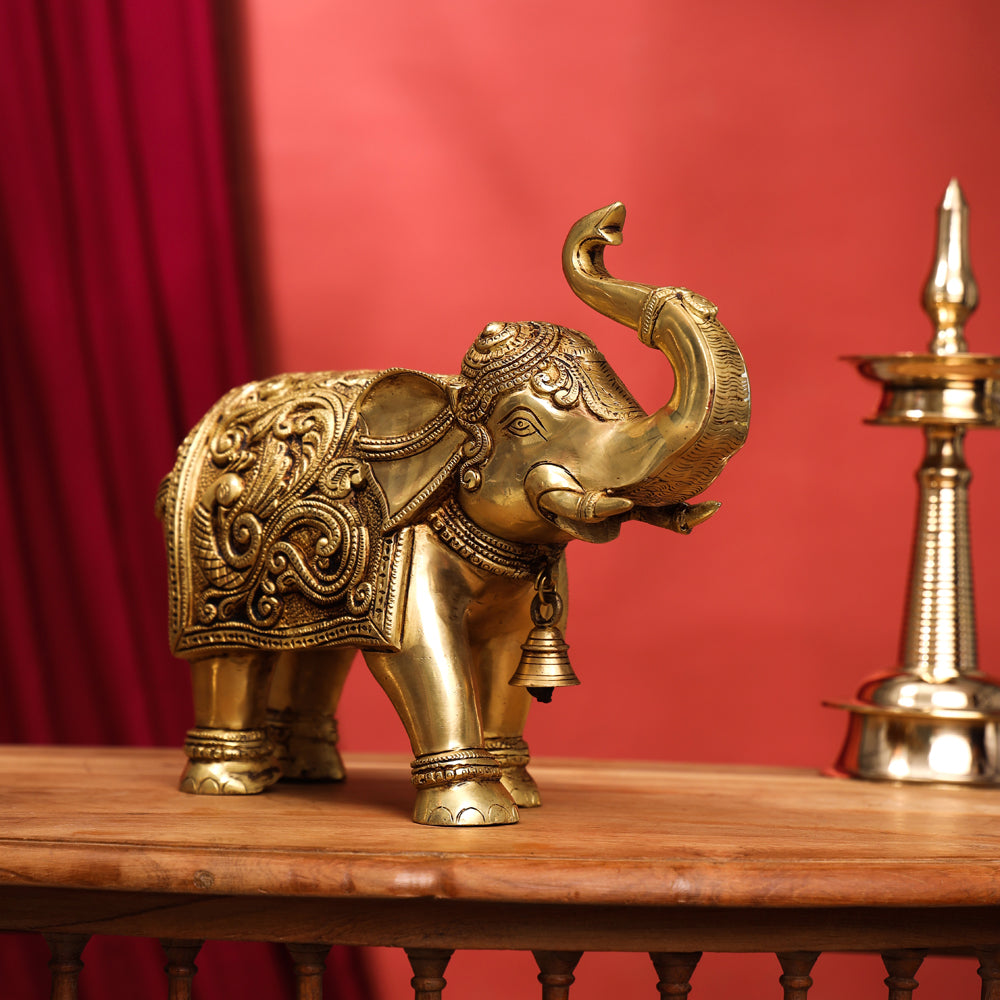 Brass Handcarved Elephant Statue (10 Inch) Vedansh Craft