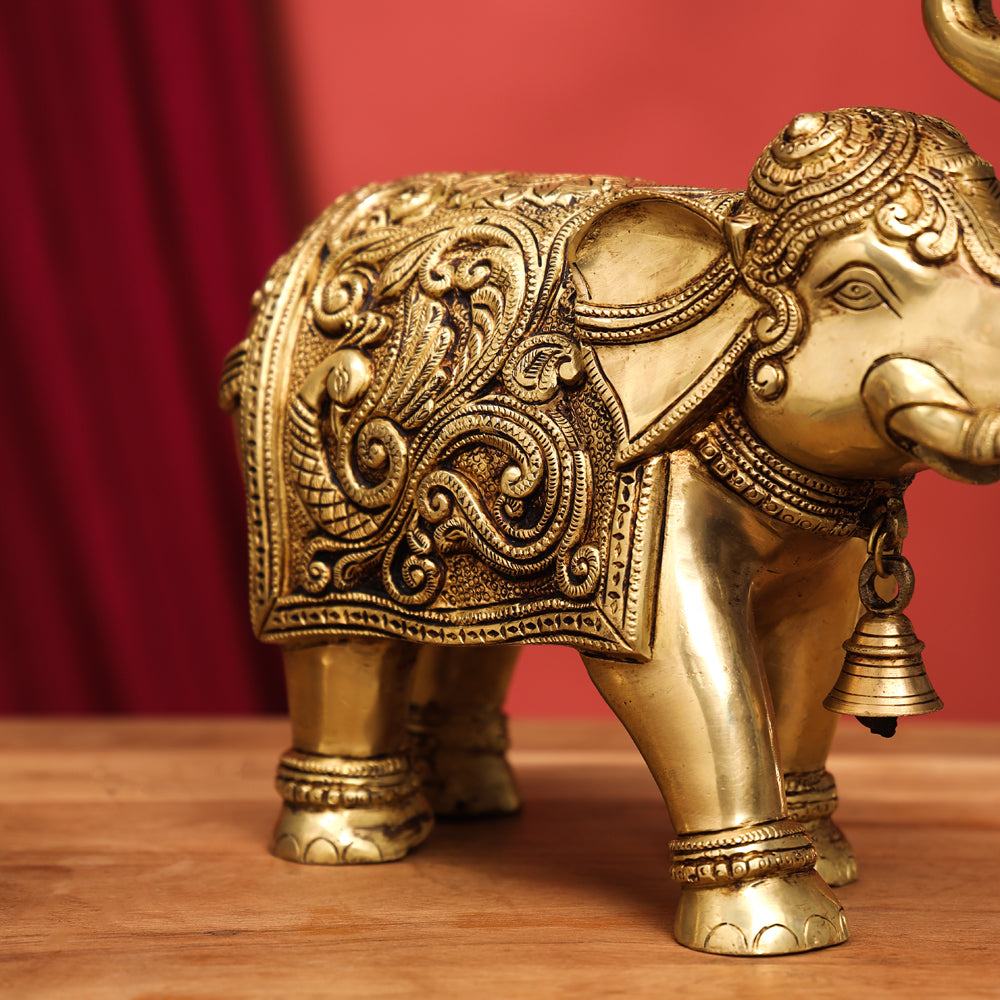 Brass Handcarved Elephant Statue (10 Inch) Vedansh Craft