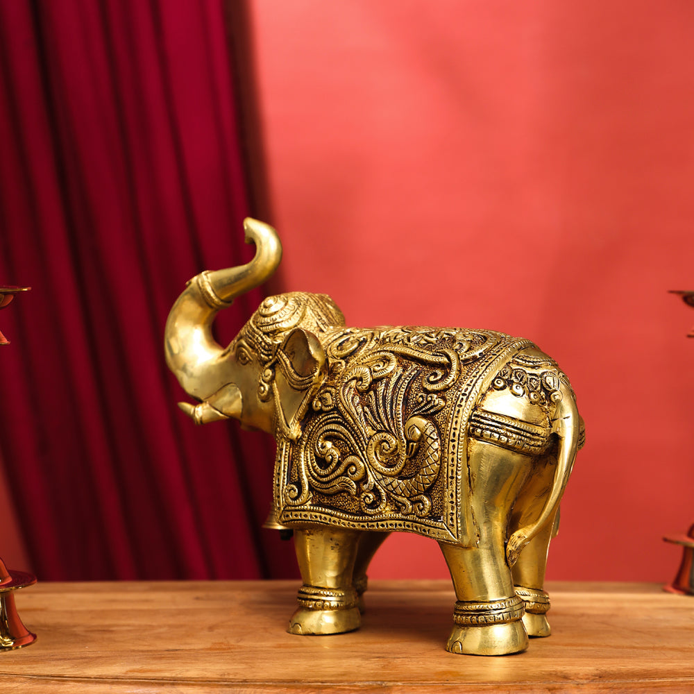 Brass Handcarved Elephant Statue (10 Inch) Vedansh Craft