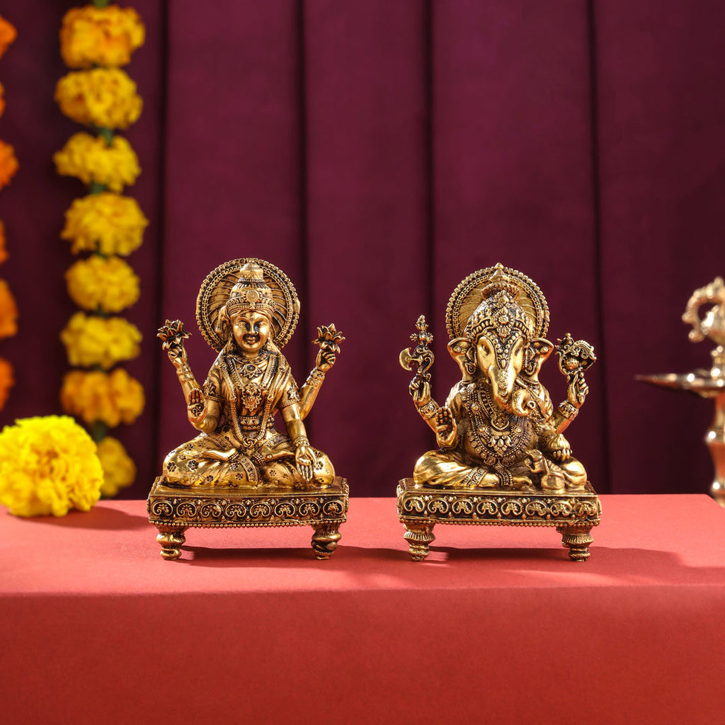 Brass Superfine Chowki Sitting Ganesha And Lakshmi Idols Set (4 Inch) Vedansh Craft