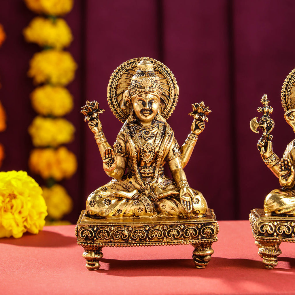 Brass Superfine Chowki Sitting Ganesha And Lakshmi Idols Set (4 Inch) Vedansh Craft