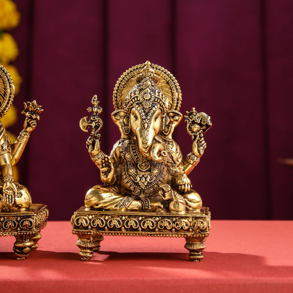 Brass Superfine Chowki Sitting Ganesha And Lakshmi Idols Set (4 Inch) Vedansh Craft