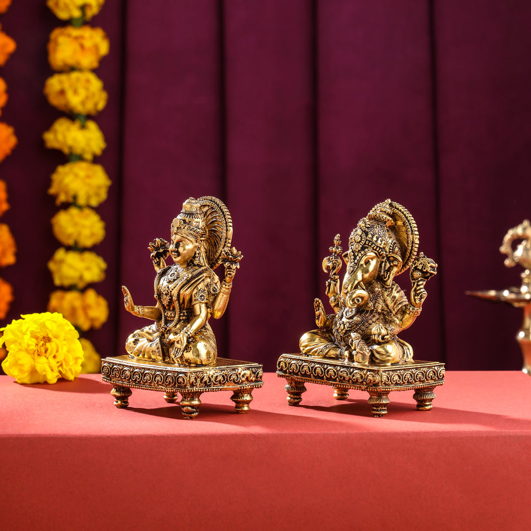 Brass Superfine Chowki Sitting Ganesha And Lakshmi Idols Set (4 Inch) Vedansh Craft