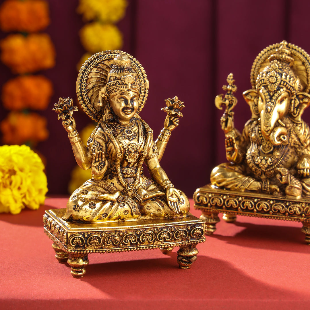 Brass Superfine Chowki Sitting Ganesha And Lakshmi Idols Set (4 Inch) Vedansh Craft