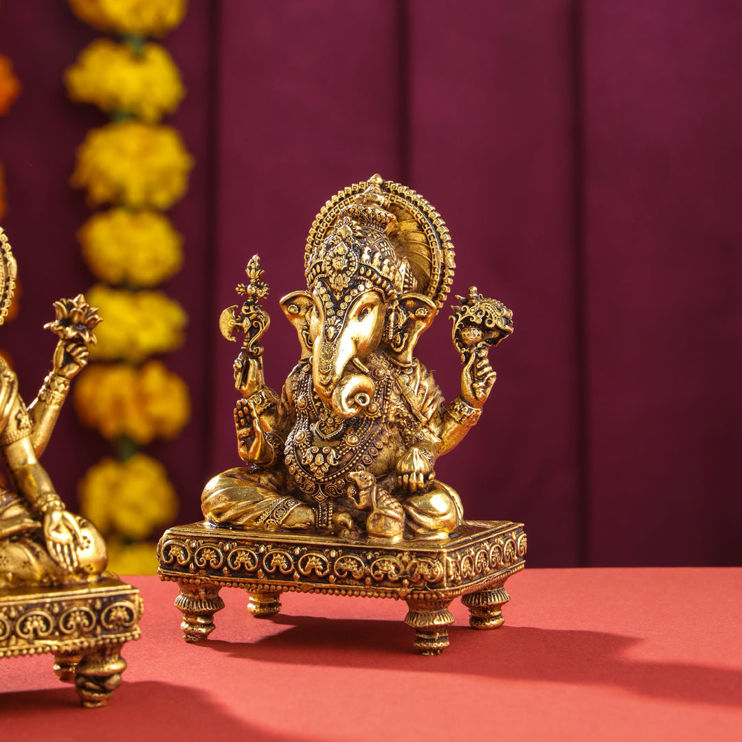 Brass Superfine Chowki Sitting Ganesha And Lakshmi Idols Set (4 Inch) Vedansh Craft