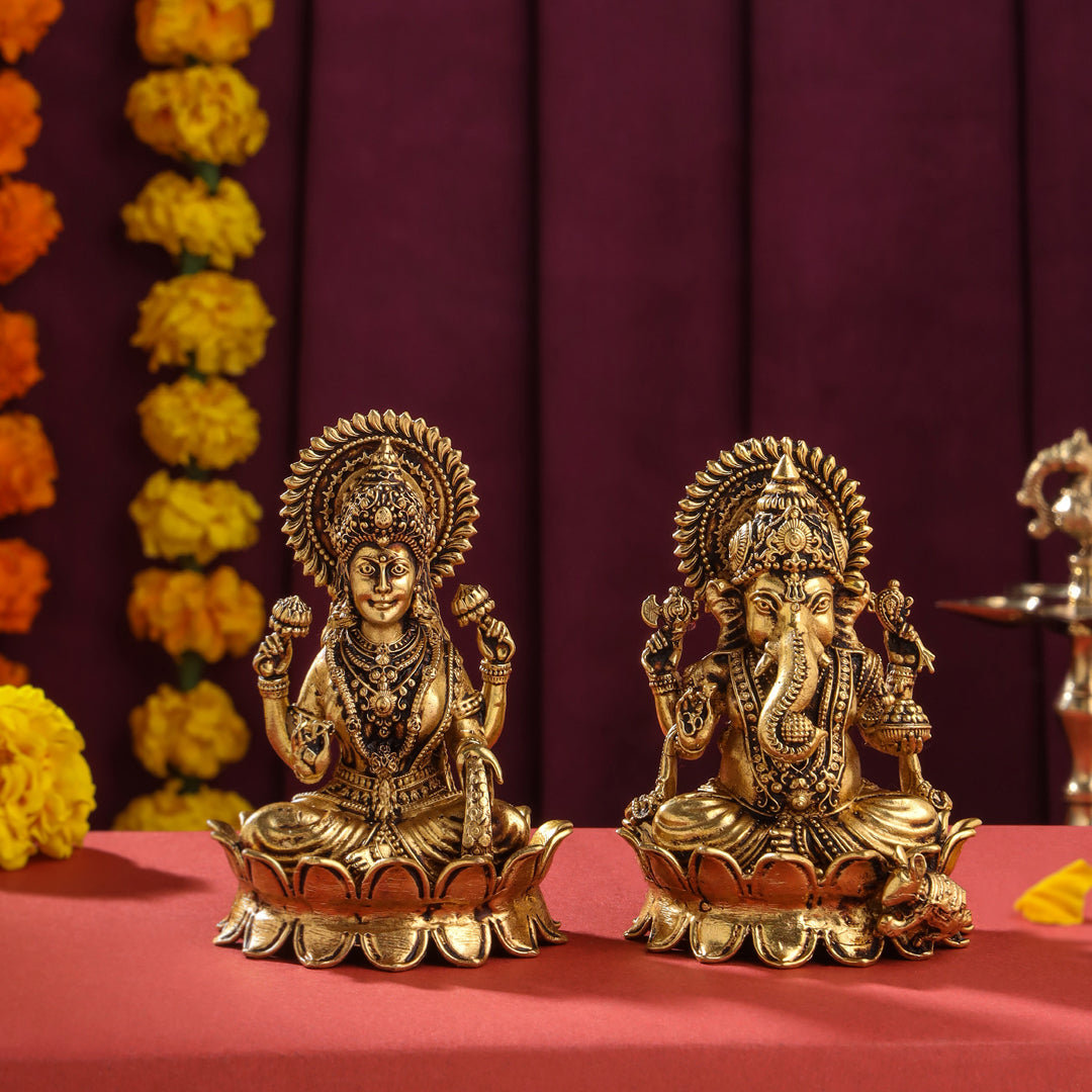 Brass Superfine Lotus Sitting Ganesha And Lakshmi Idols (4 Inch) Vedansh Craft