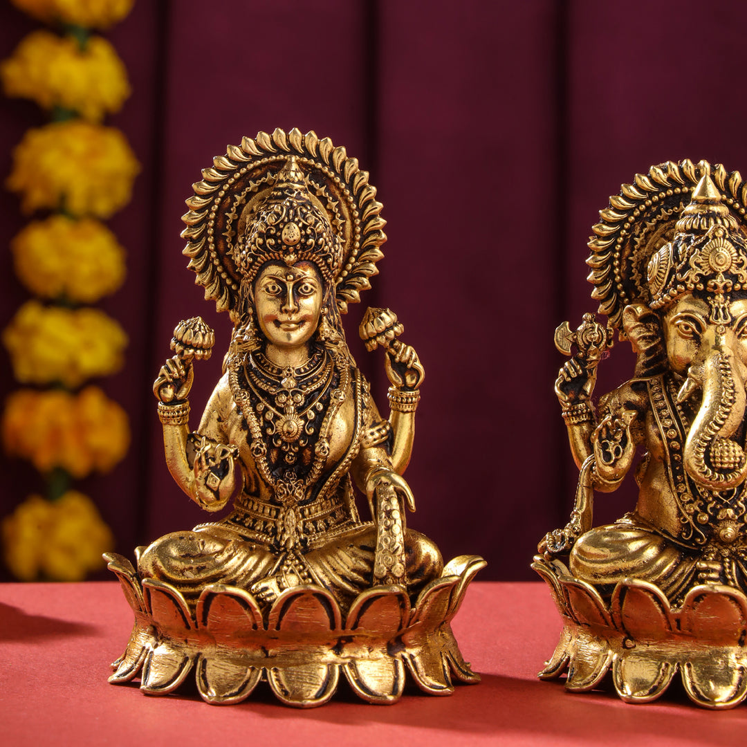 Brass Superfine Lotus Sitting Ganesha And Lakshmi Idols (4 Inch) Vedansh Craft