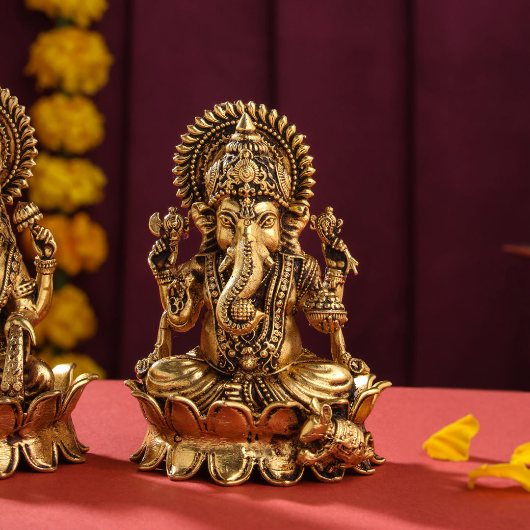 Brass Superfine Lotus Sitting Ganesha And Lakshmi Idols (4 Inch) Vedansh Craft
