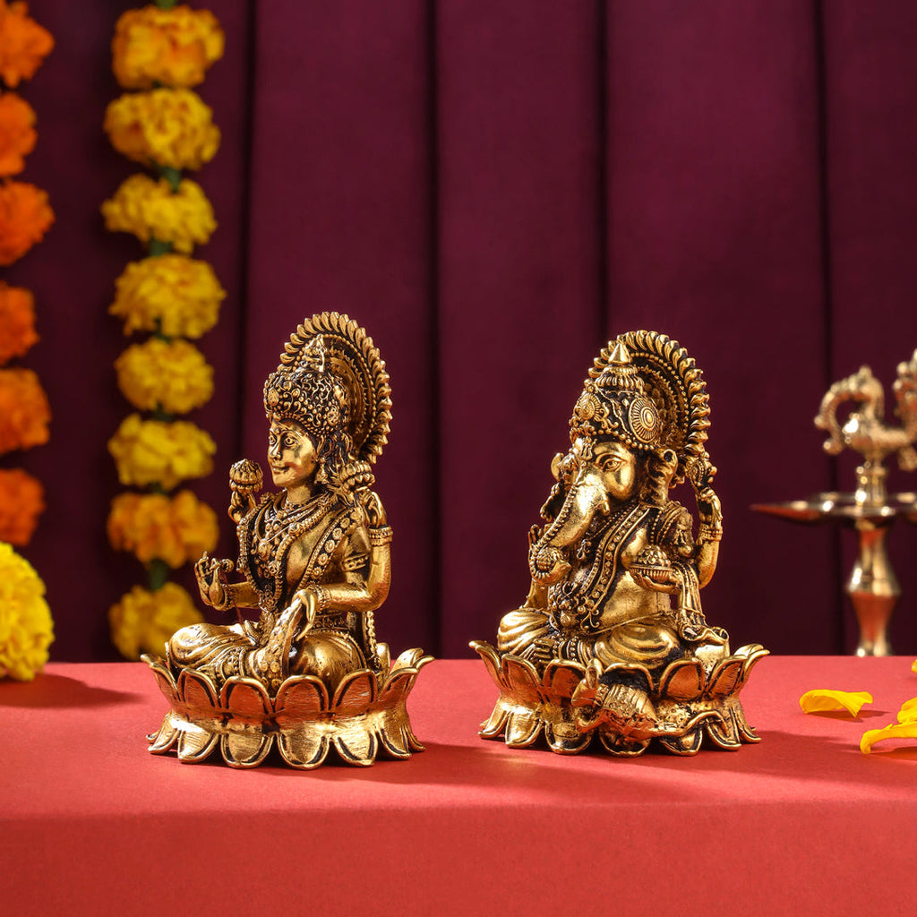 Brass Superfine Lotus Sitting Ganesha And Lakshmi Idols (4 Inch) Vedansh Craft